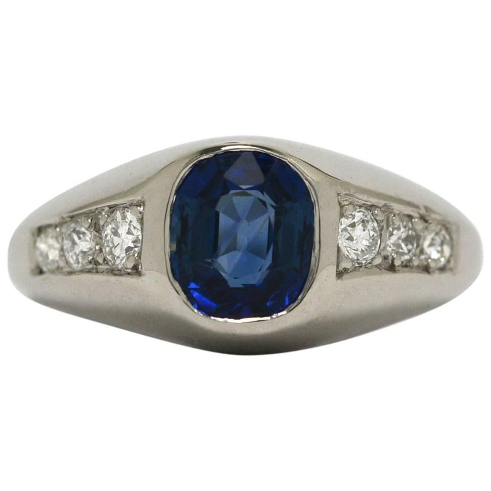 Art Deco Blue Sapphire Cushion Engagement Ring Pinky Dome Diamond Platinum 1930s