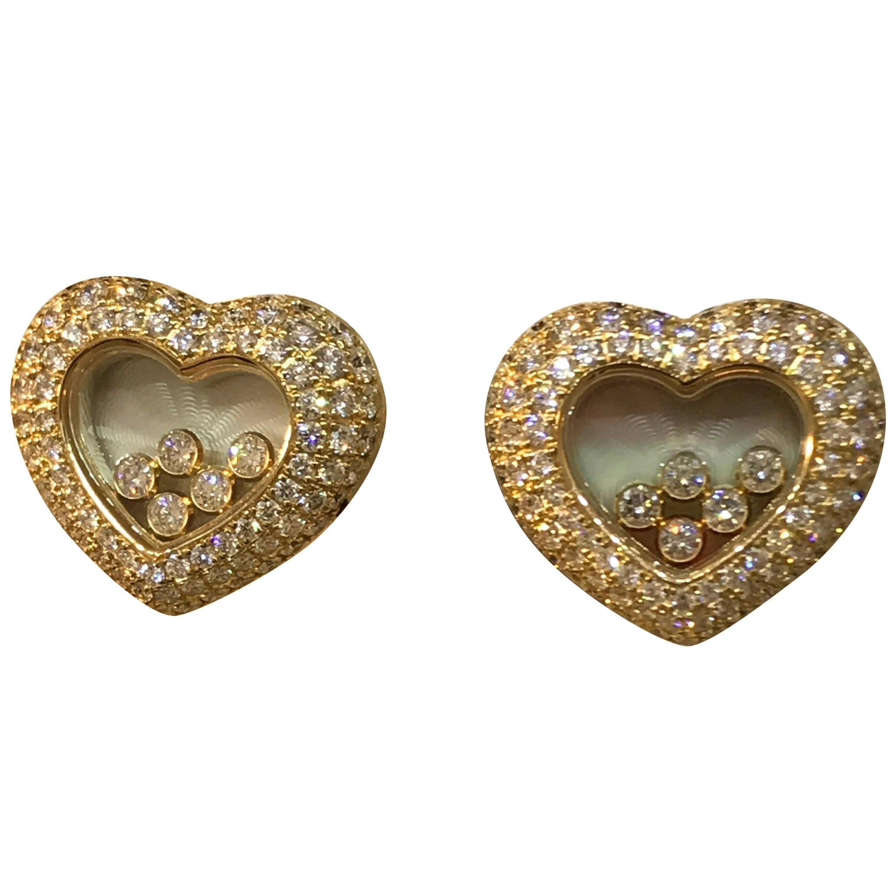Chopard Happy Diamonds 18 Karat Yellow Gold and Diamond Large Heart Earrings For Sale