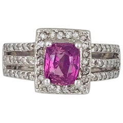 1.36 Carat, Cushion Cut, Pink Sapphire and Diamond Halo 14 Karat White Gold Ring