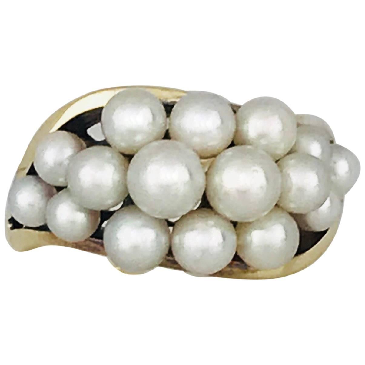 Mikimoto, White Pearl Cluster 14 Karat Yellow Gold Ring For Sale