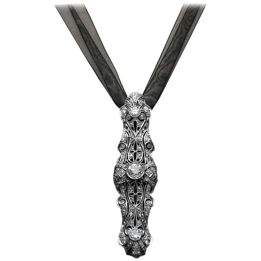 Antique Edwardian Art Deco Platinum Filigree Diamond Brooch Pin Pendant Necklace