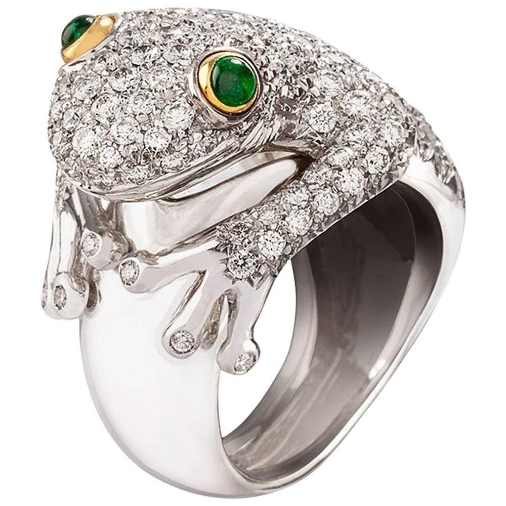 Missiaglia1846 White Gold Diamonds and Emeralds Frog Ring For Sale