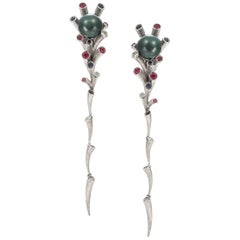 Fei Liu Large Tahitian Pearl Platinum Long Drop Dangle Earrings