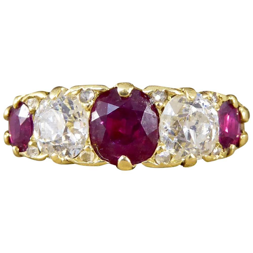 Antique Victorian 18 Carat Gold Ruby and Diamond Five-Stone Ring