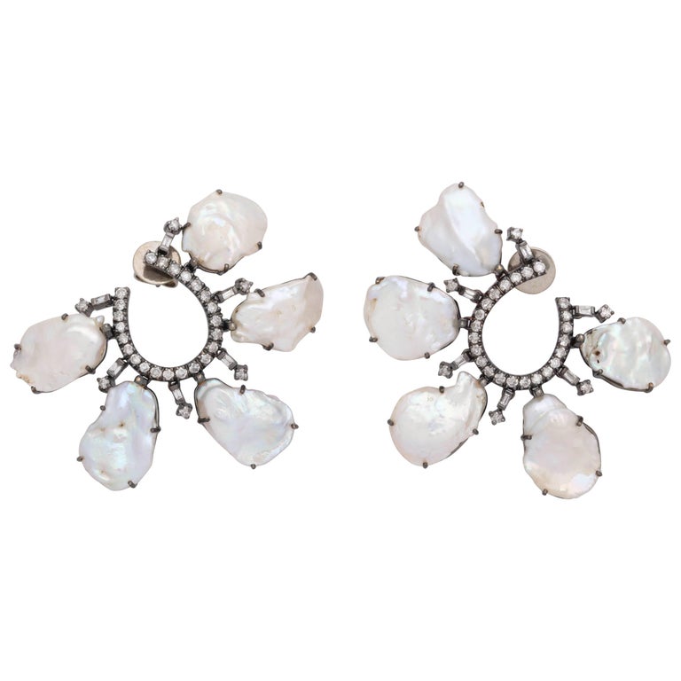 Pearl Diamond Petal Earrings For Sale at 1stDibs