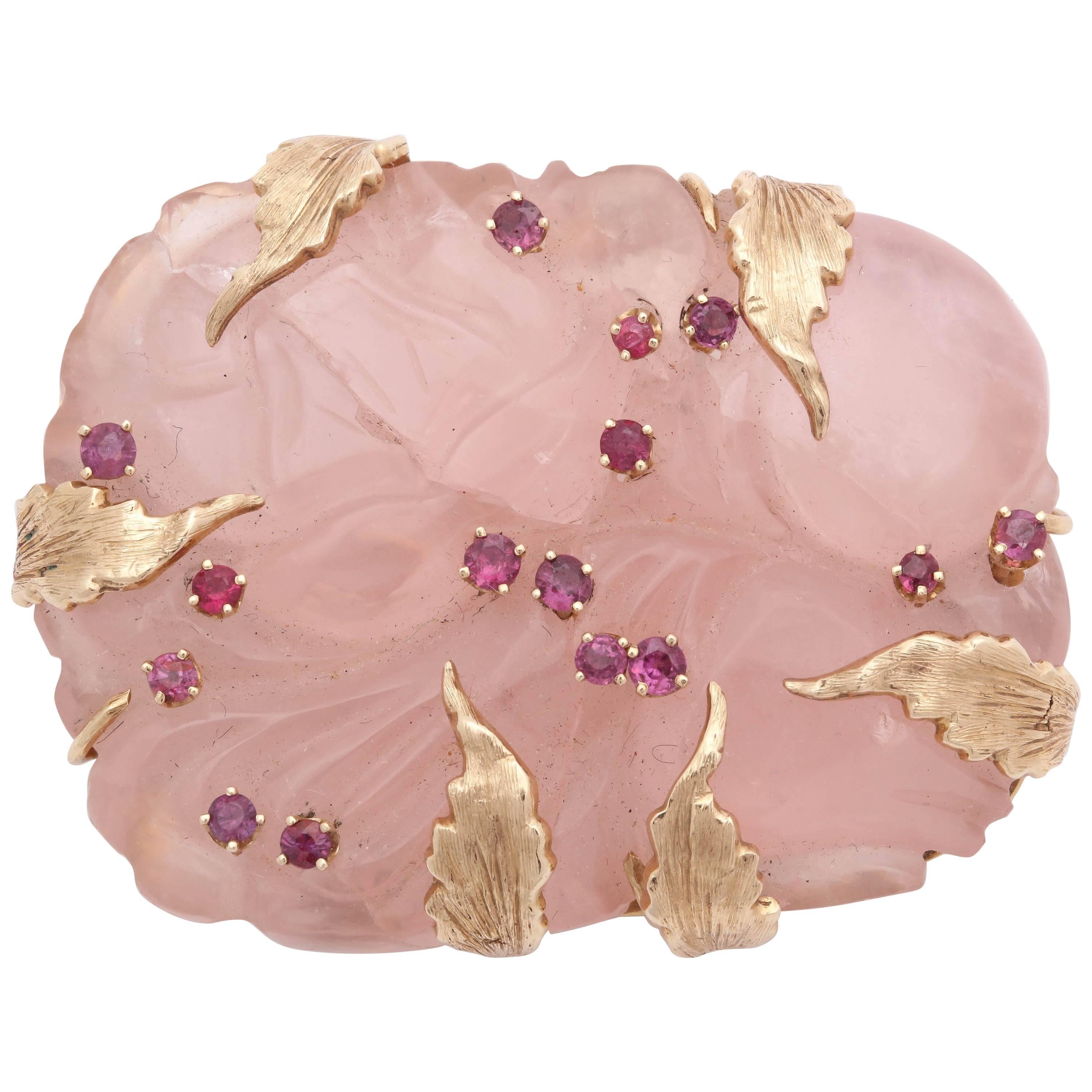 1950's Hand Carved Rose Quartz With Rubies And Gold Large Brooch For Sale