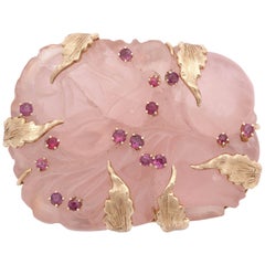 Vintage 1950's Hand Carved Rose Quartz With Rubies And Gold Large Brooch