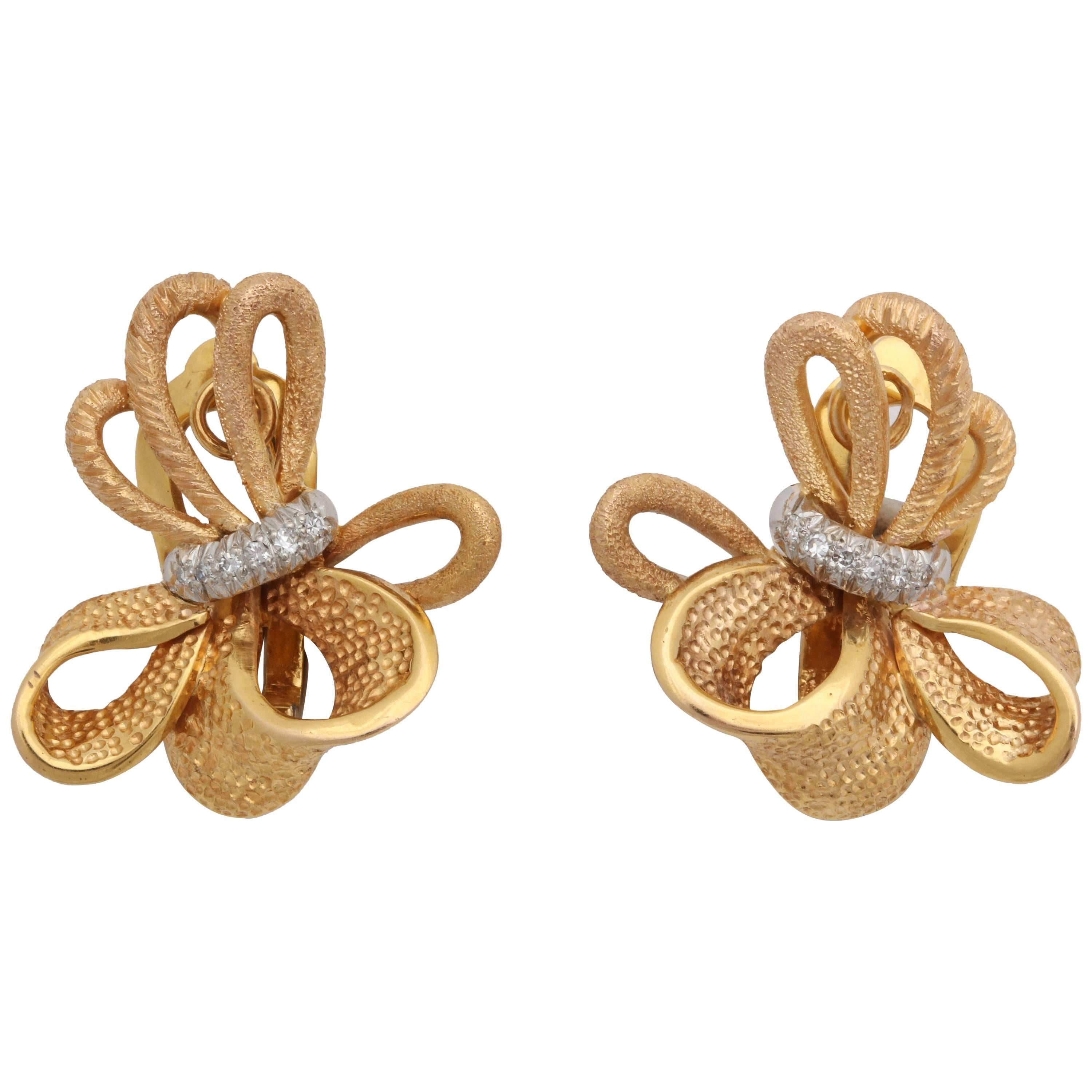 1960's Ribbon Bow Knot Diamond With Two Different Textured Gold Earclips