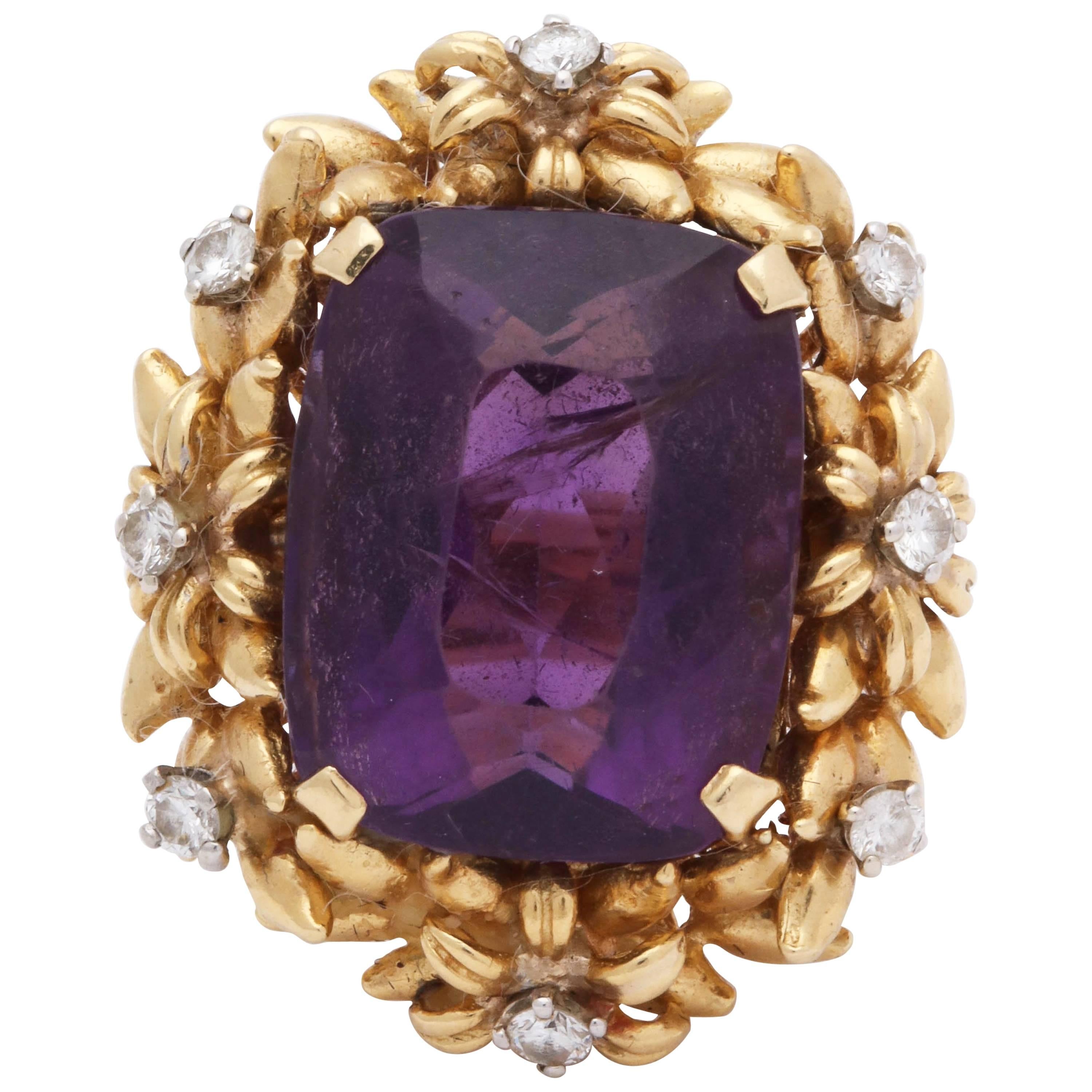 1950's Floral Design Amethyst With Diamonds Rope Setting Gold Cocktail Ring