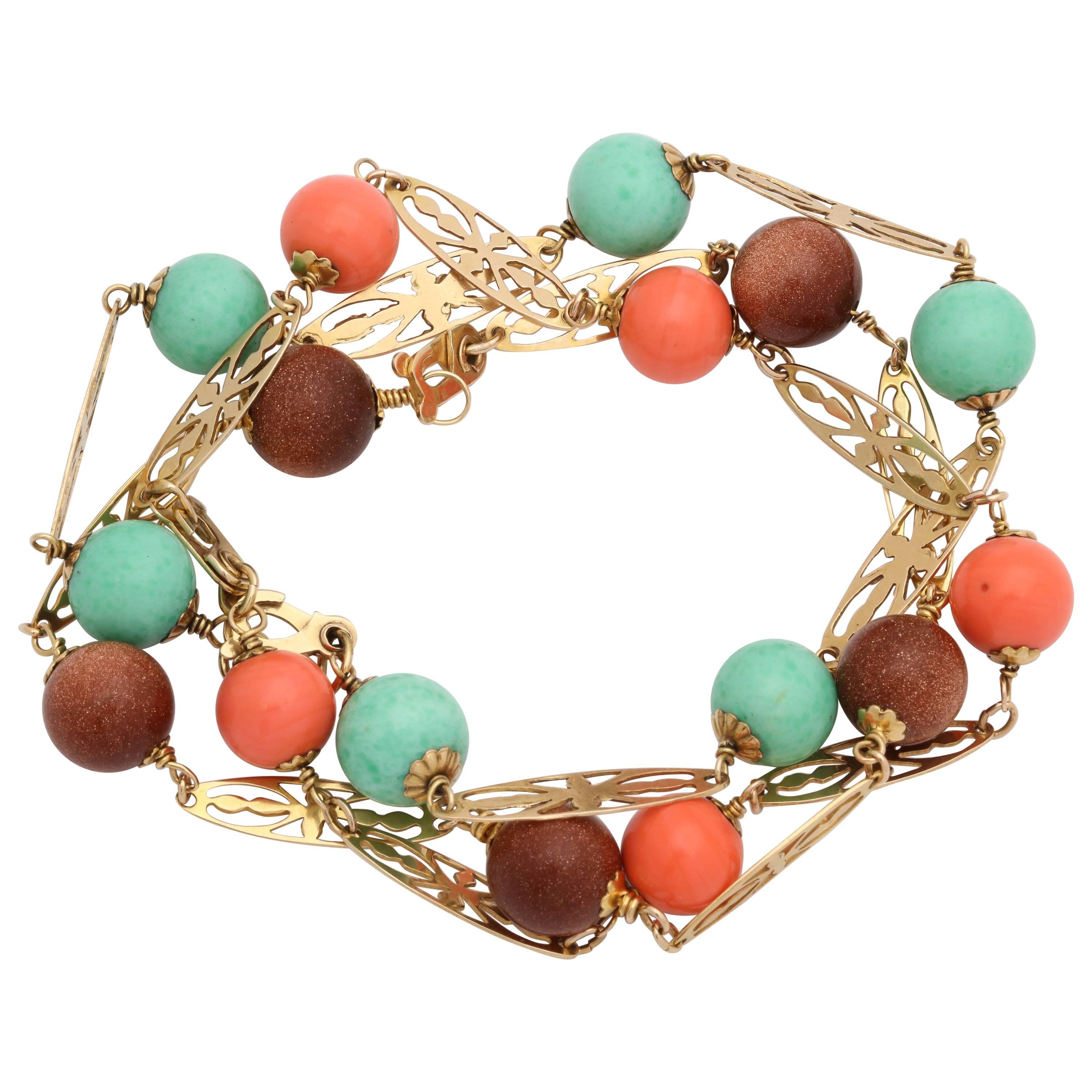 1950s Delicate Coral, Turquoise and Gold Stone Bead Triple Gold Link Bracelets For Sale
