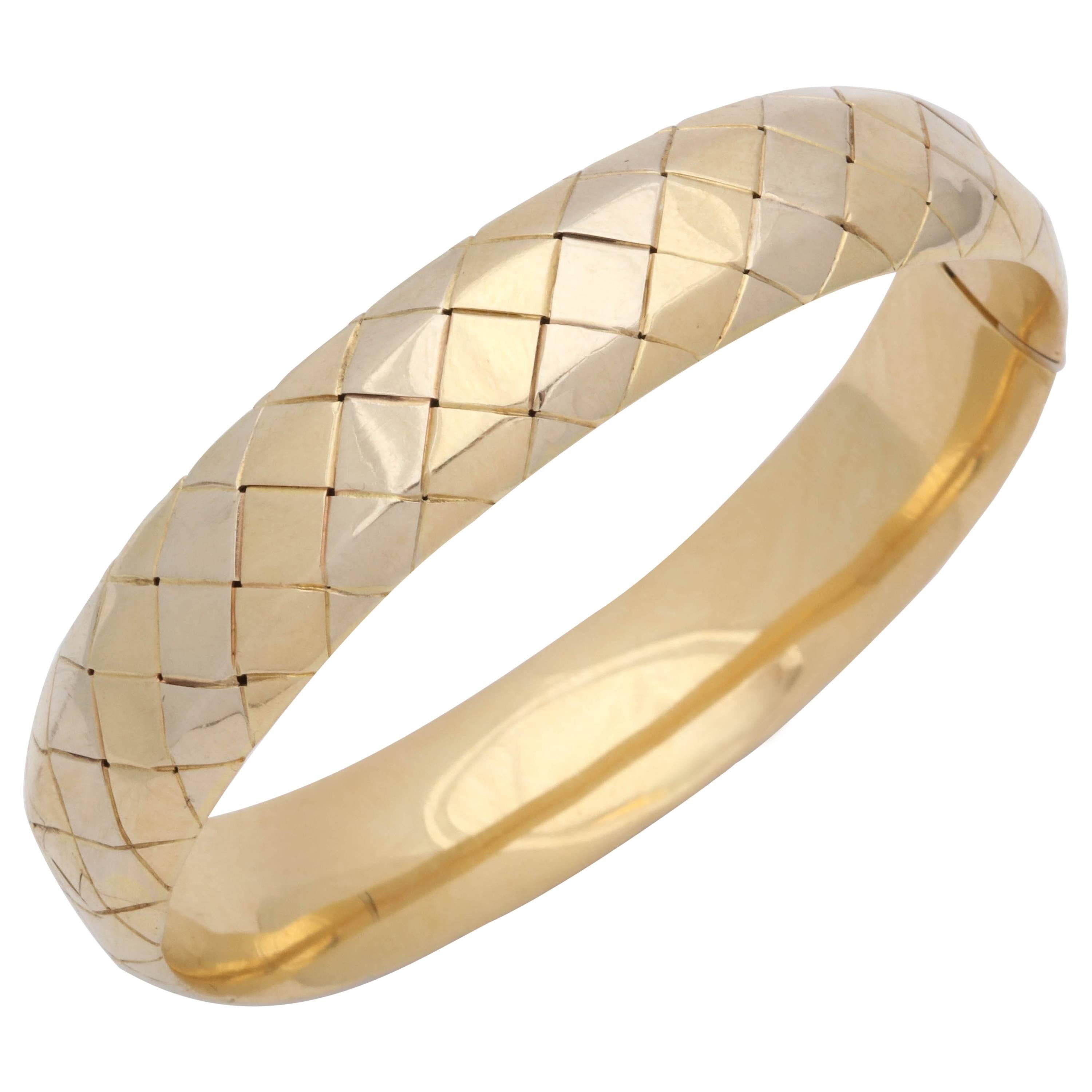 Tiffany & Co. Quilt Pattern Design Gold Bangle Bracelet with Invisible Lock