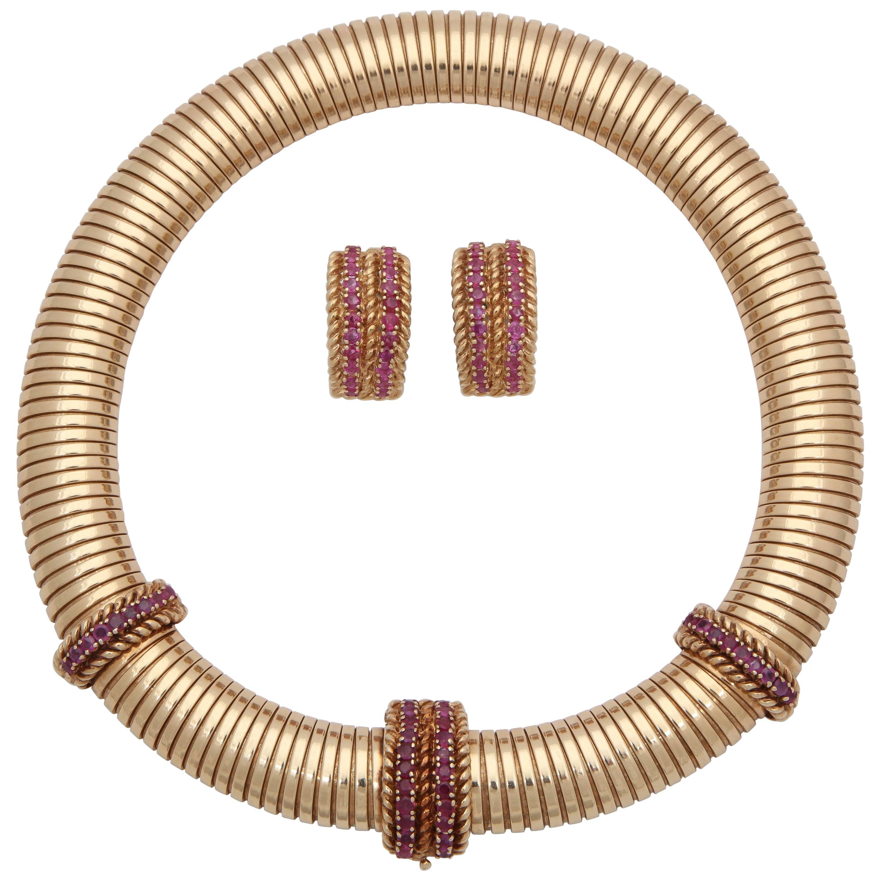 1940s Tubular, Ruby and Gold Tubogas Necklace with Matching Earrings En Suite For Sale