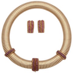 1940s Tubular, Ruby and Gold Tubogas Necklace with Matching Earrings En Suite