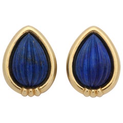 Tambetti 1980s Pear Shaped Fluted Lapis Lazuli Clip-On Gold Earrings