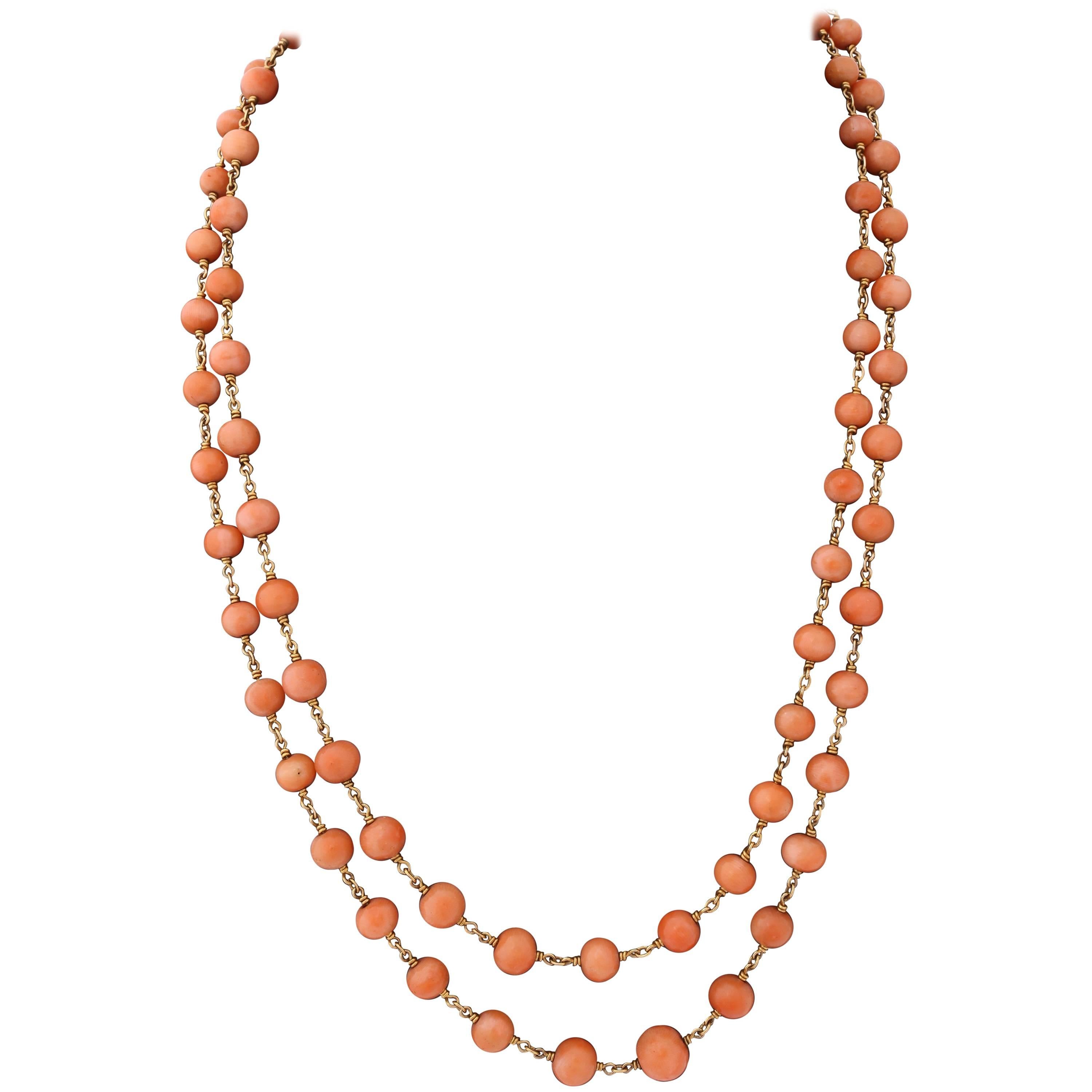 1940's Coral Bead Double Strand Gold Necklace With Clasp