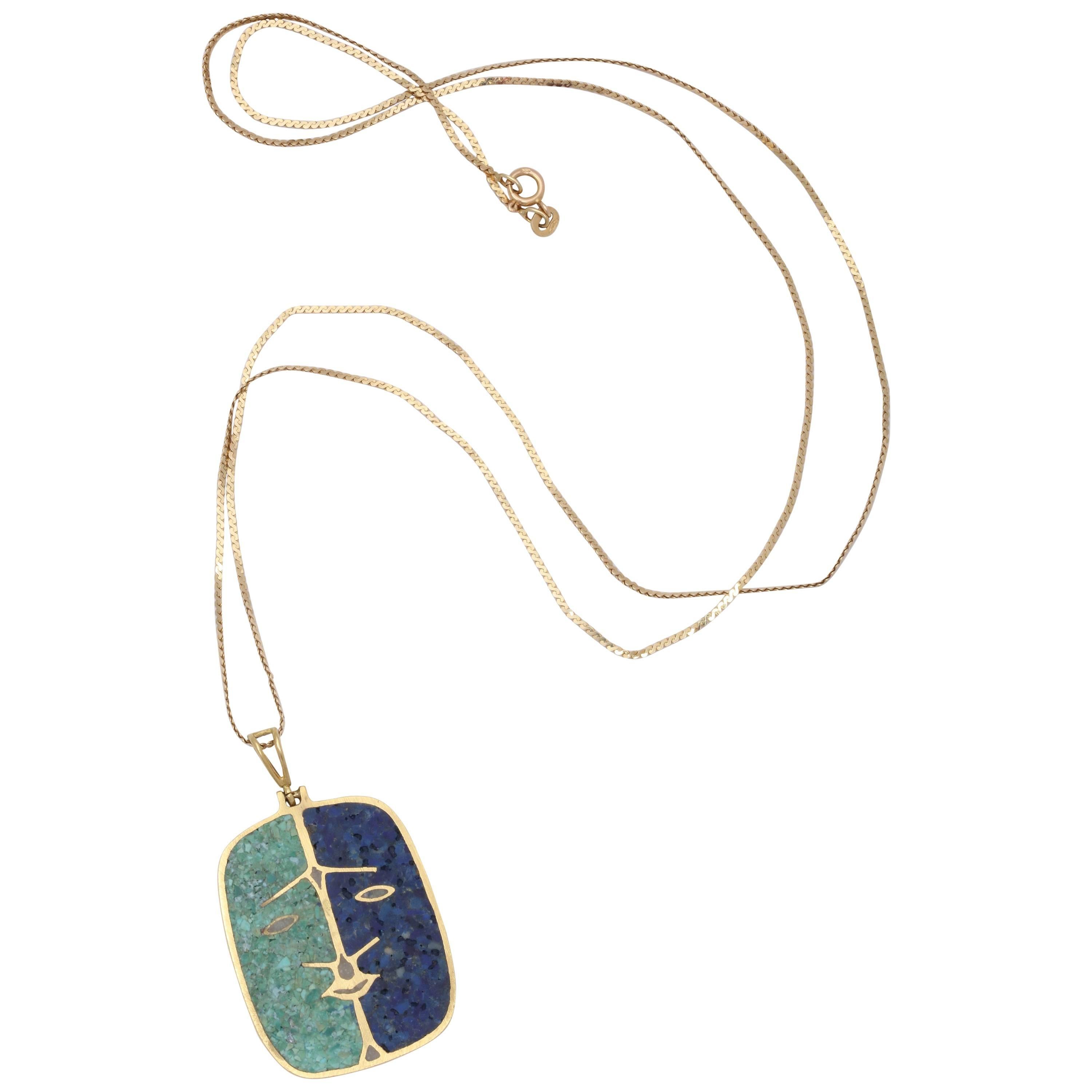 1970s Lapis Lazuli and Malachite with Face Double-Sided Gold Pendant and Chain