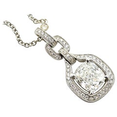 2.20 Carat Cushion Cut Diamond Pendant on Diamond Necklace 18 Karat White Gold