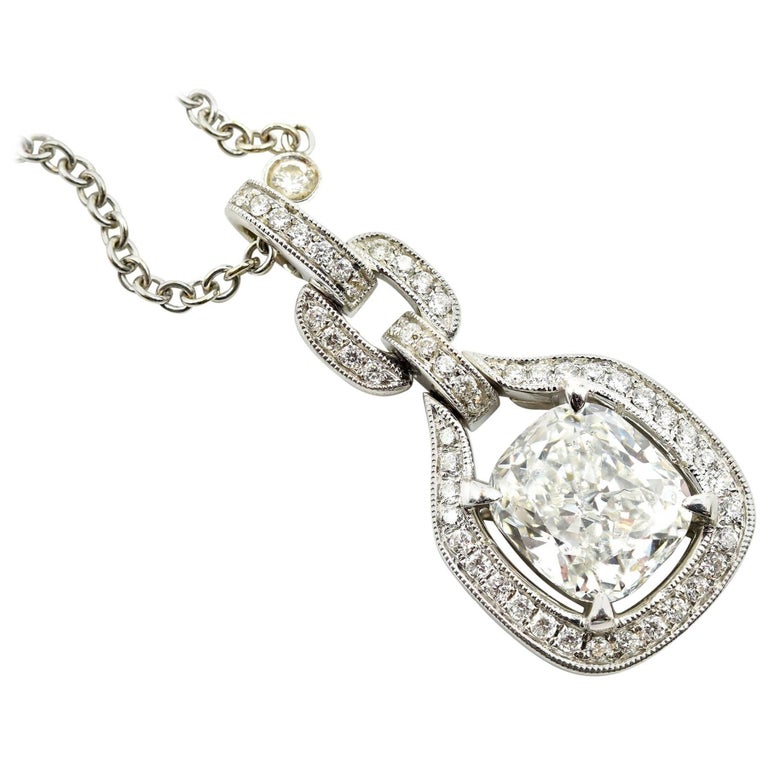 2.20 Carat Cushion Cut Diamond Pendant on Diamond Necklace 18 Karat