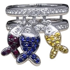 Chopard 18 Karat White Gold Rubies Sapphires and Diamonds Fish Ring