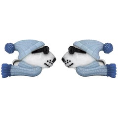 White and Blue Opal Onyx Agate Gold Hand-Carved Polar Bear Cufflinks
