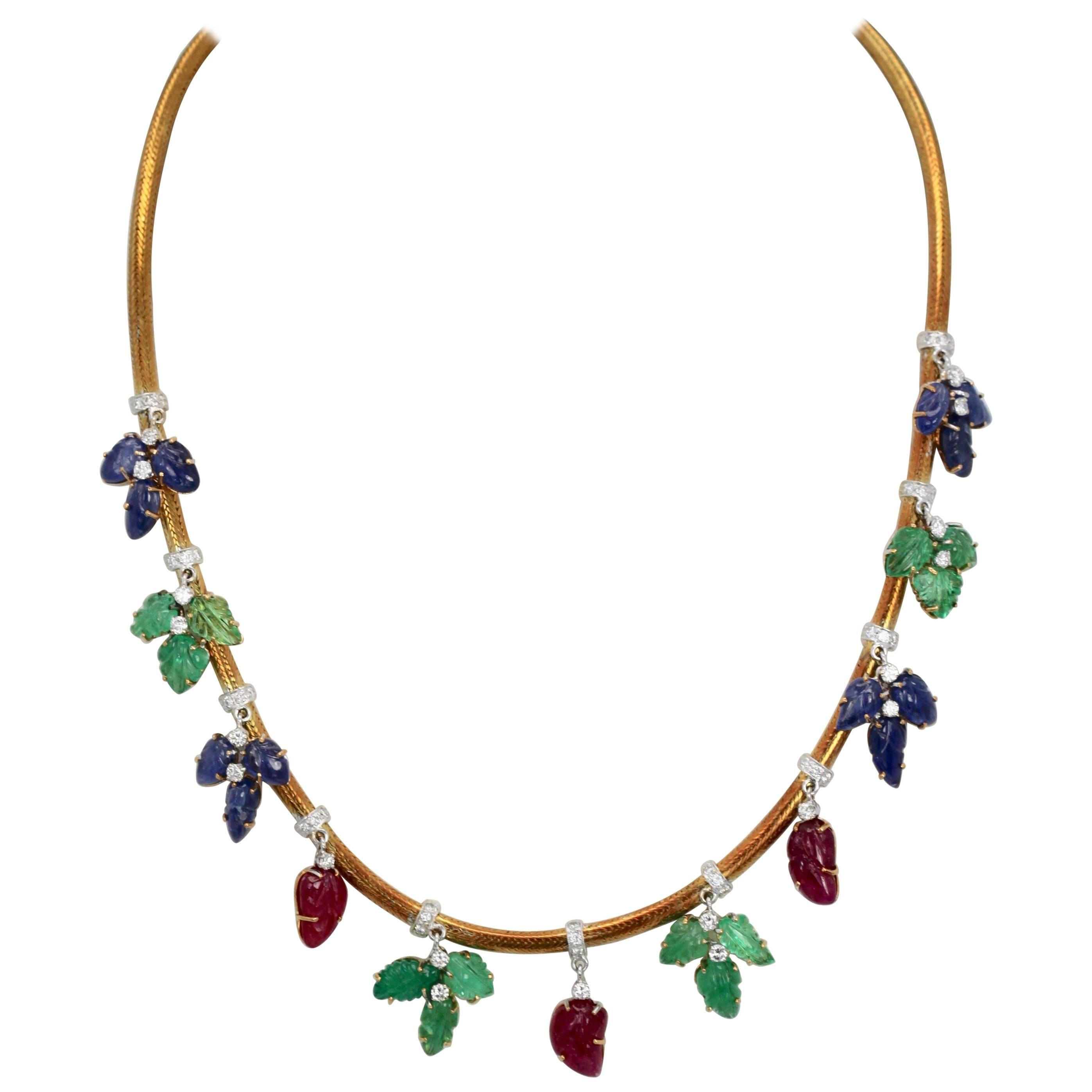 Necklace Diamonds Carved Emeralds, Rubies, Sapphires 18 Karat Gold