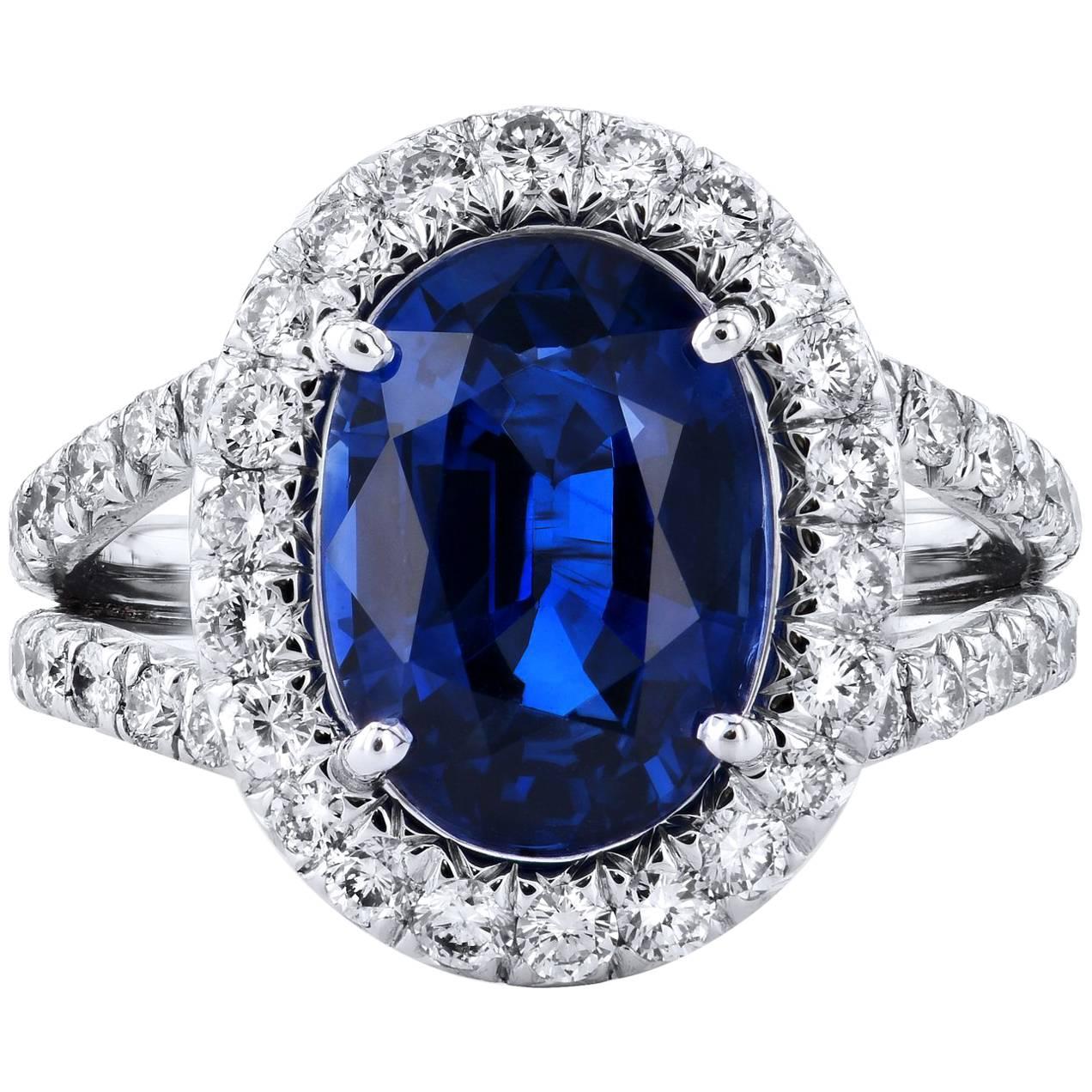 H & H 4.37 Carat Blue Sapphire and Diamond Split-Shank Ring