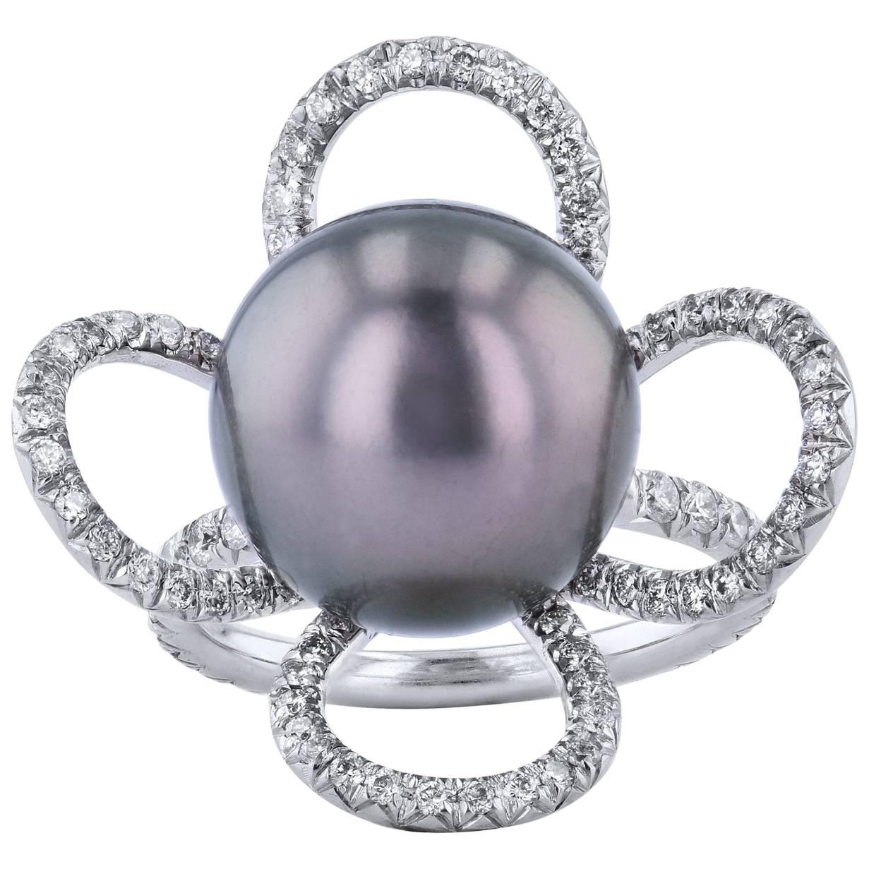 Tahitian Pearl and Diamond Petal 18 kt White Gold Fashion Cocktail Ring Size 5.5 For Sale