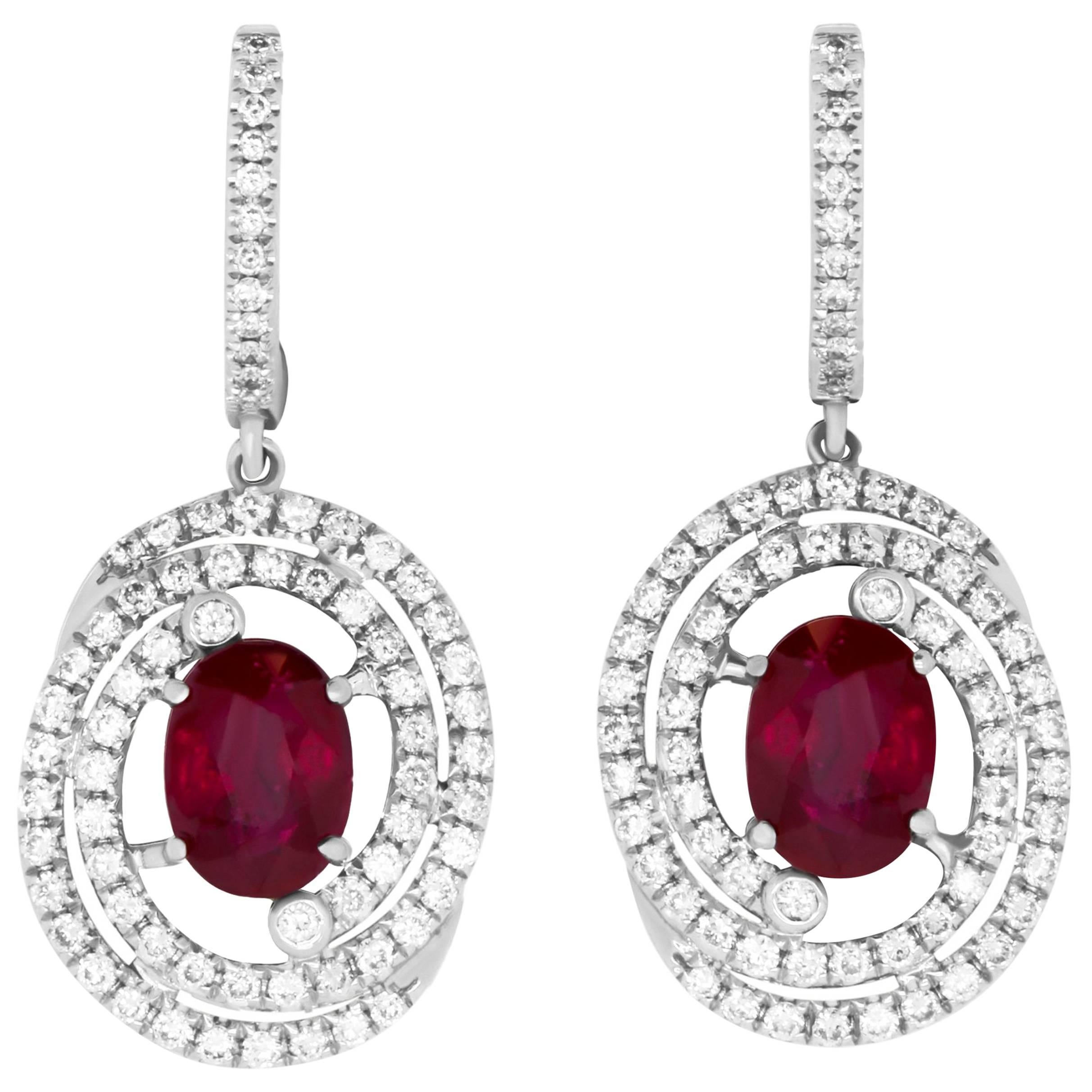 2.45 Carat Oval Ruby and .75 Carat Diamond Earrings