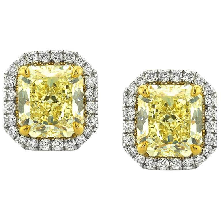 Mark Broumand 3.86 Carat Fancy Yellow Radiant Cut Diamond Halo Earrings