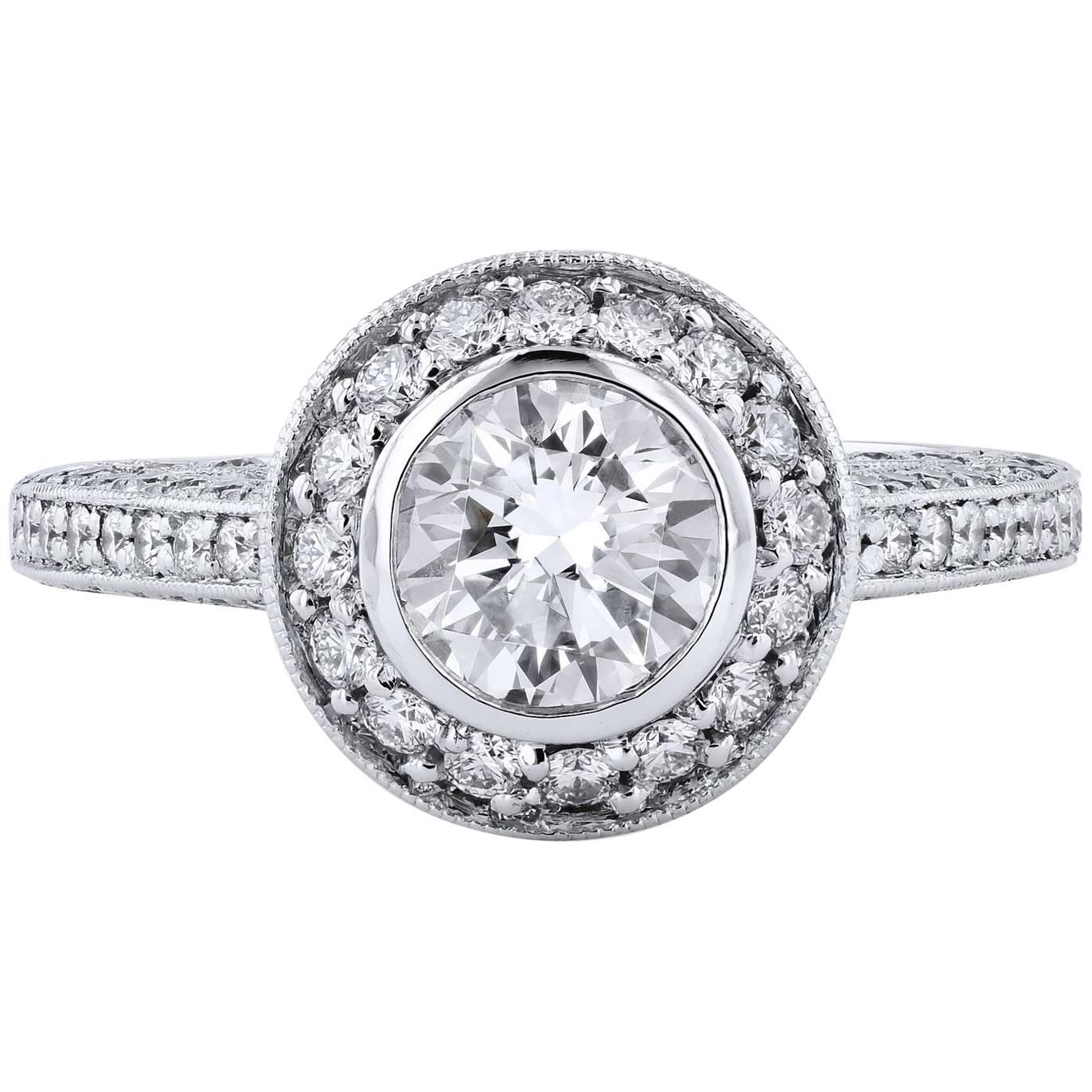 GIA Certified 1.02 Carat Brilliant Cut Bezel Set Halo Diamond Engagement Ring 6
