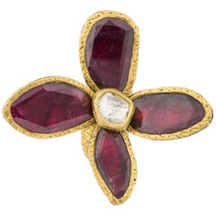 Diamond and Red Rubellite Tourmaline 24 Karat Gold-Plated Flower Cocktail Ring