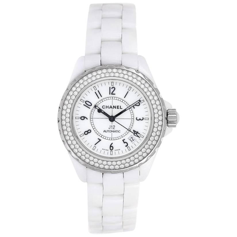 Chanel White Ceramic Diamond J12 Automatic Wristwatch Ref H0969