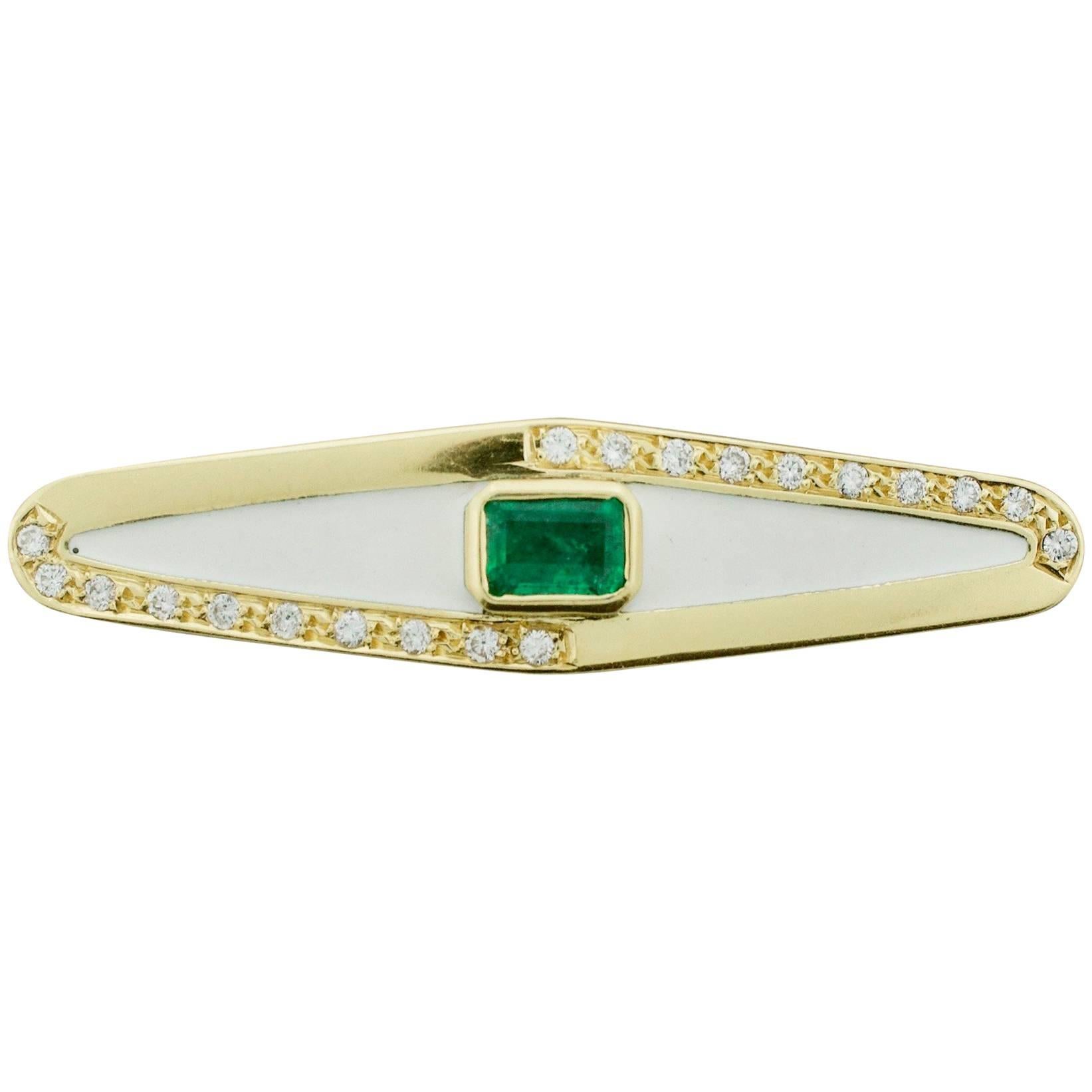 Emerald Diamond and Enamel Modern Brooch "Lovari" For Sale