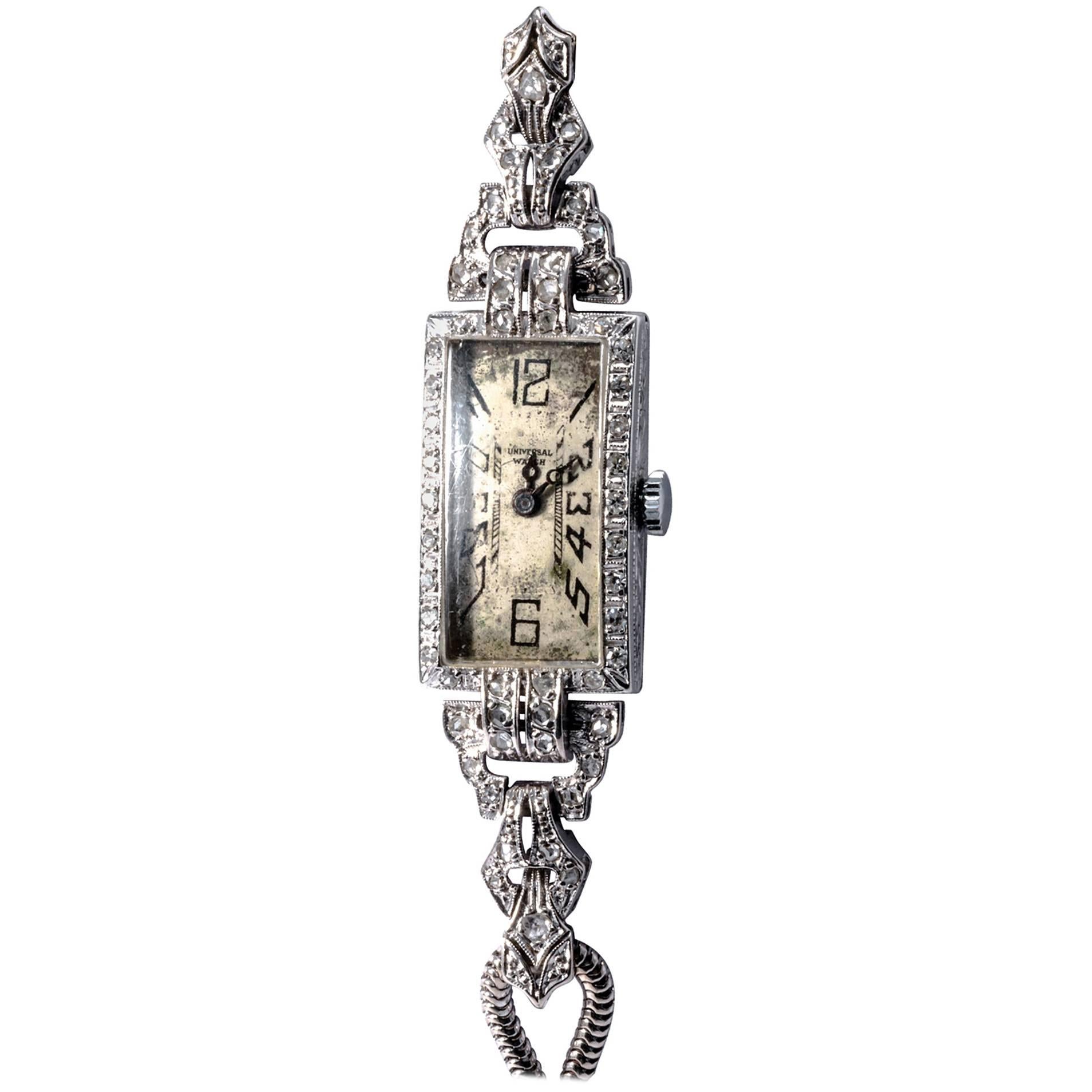  Genève ladies 18K White Gold Diamond art déco Rectangular Wristwatch, 1925