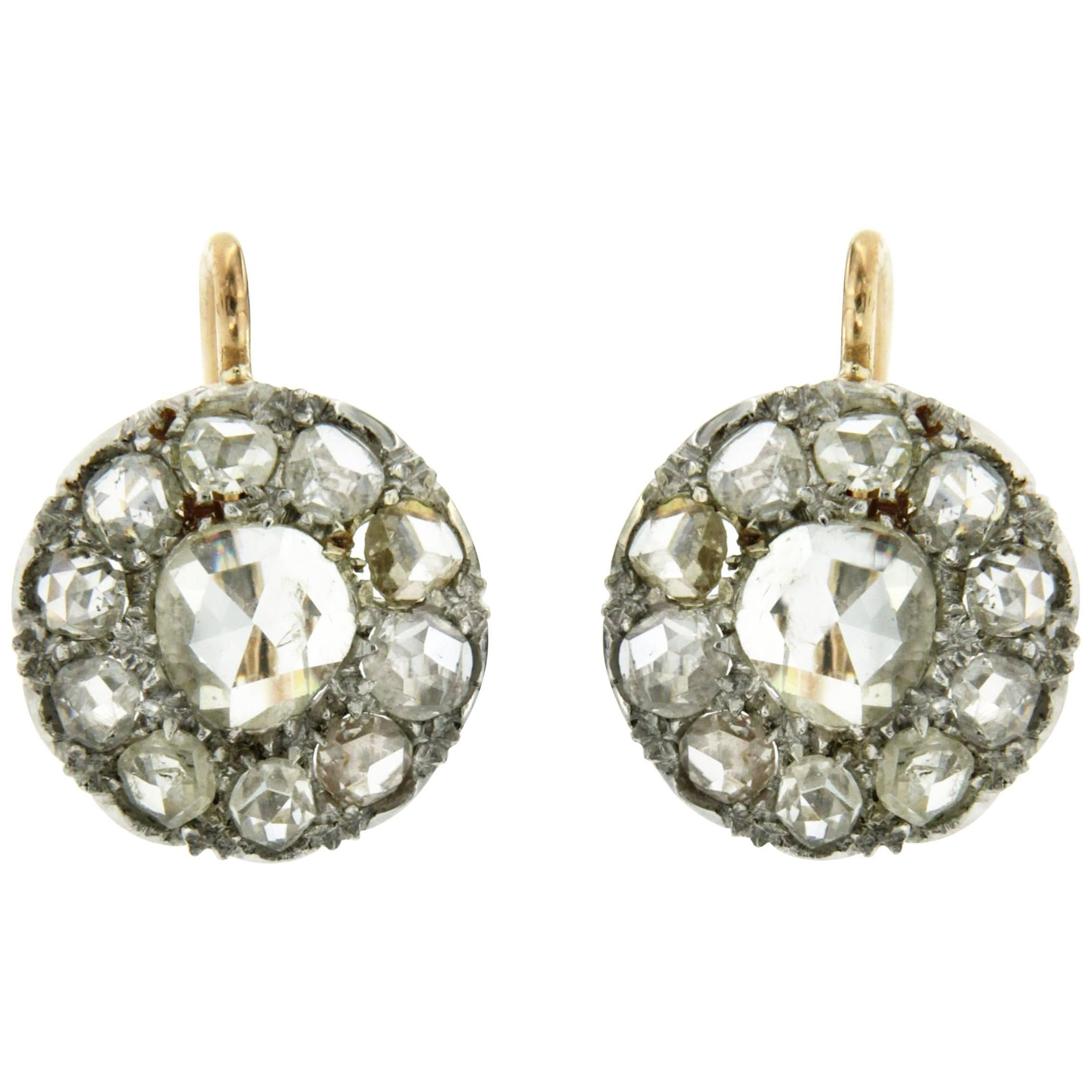 1900s Diamond 3.50 carat Two-Color Gold Cluster Earrings
