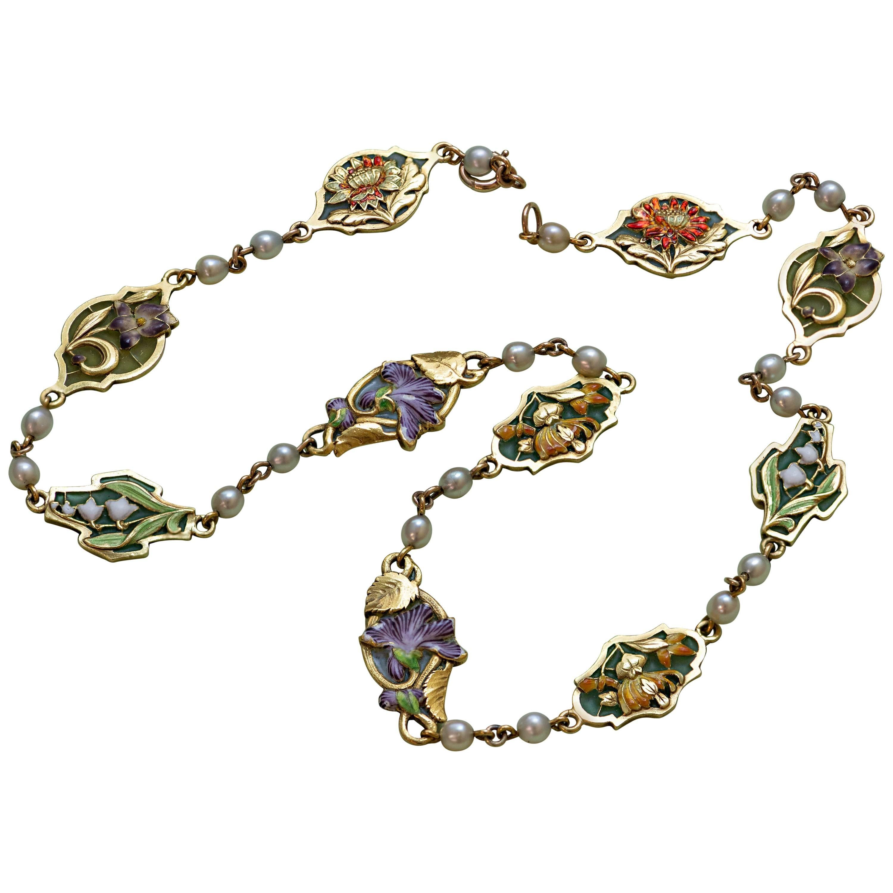 Art Nouveau Plique-a-Jour Enamel, Pearl and Yellow Gold Flower Necklace