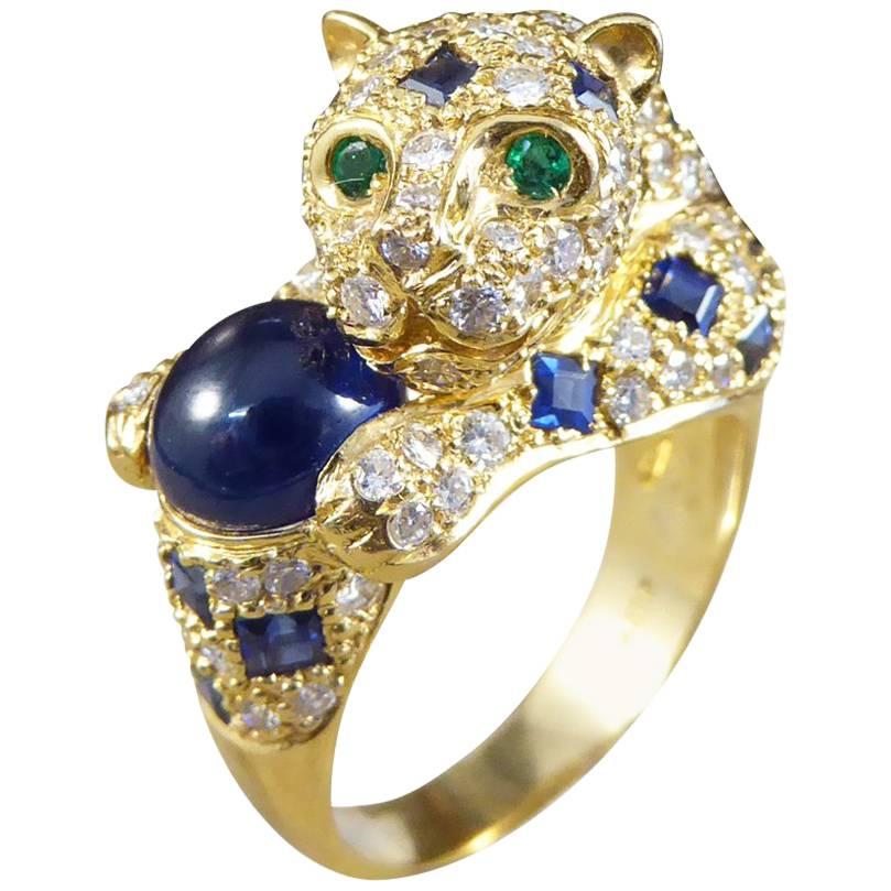 Blue and Green Sapphire, Diamond and Emerald Set 18 Carat Gold Cat Ring