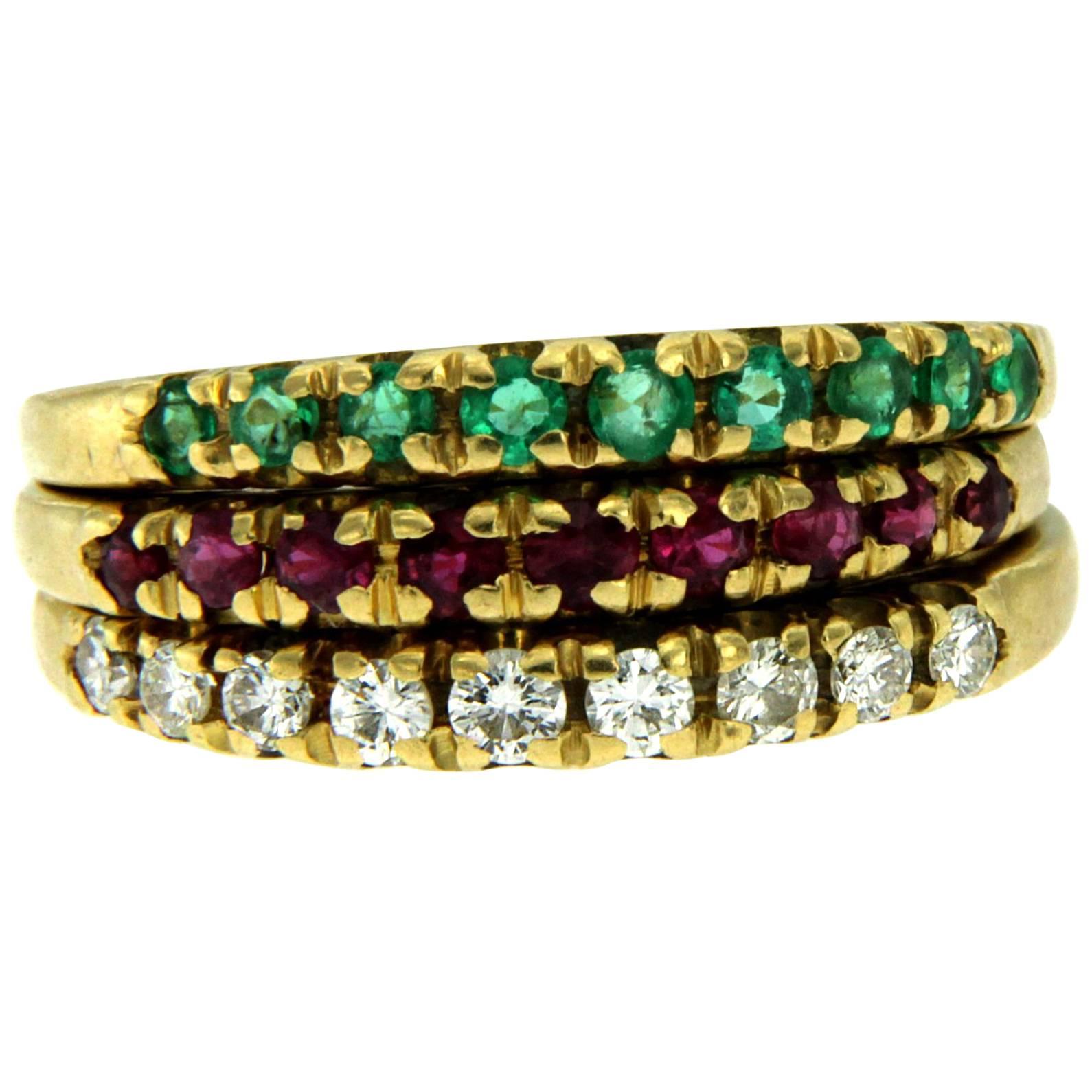 Vintage Diamond Ruby Emerald Stackable Yellow Gold Rings