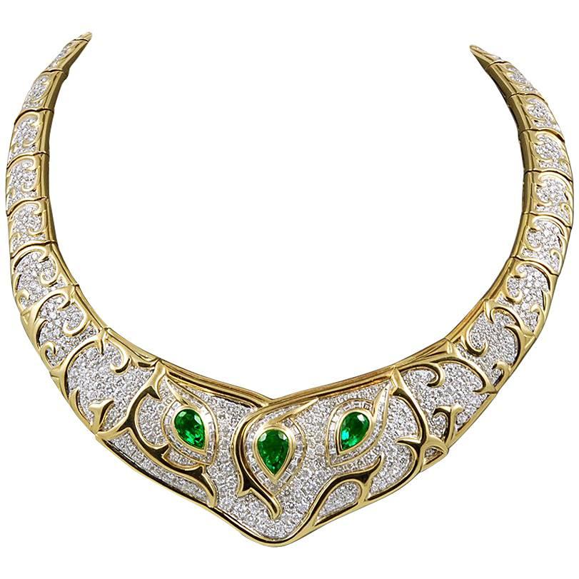 Diamond Pave Pear Emerald Bib Necklace For Sale