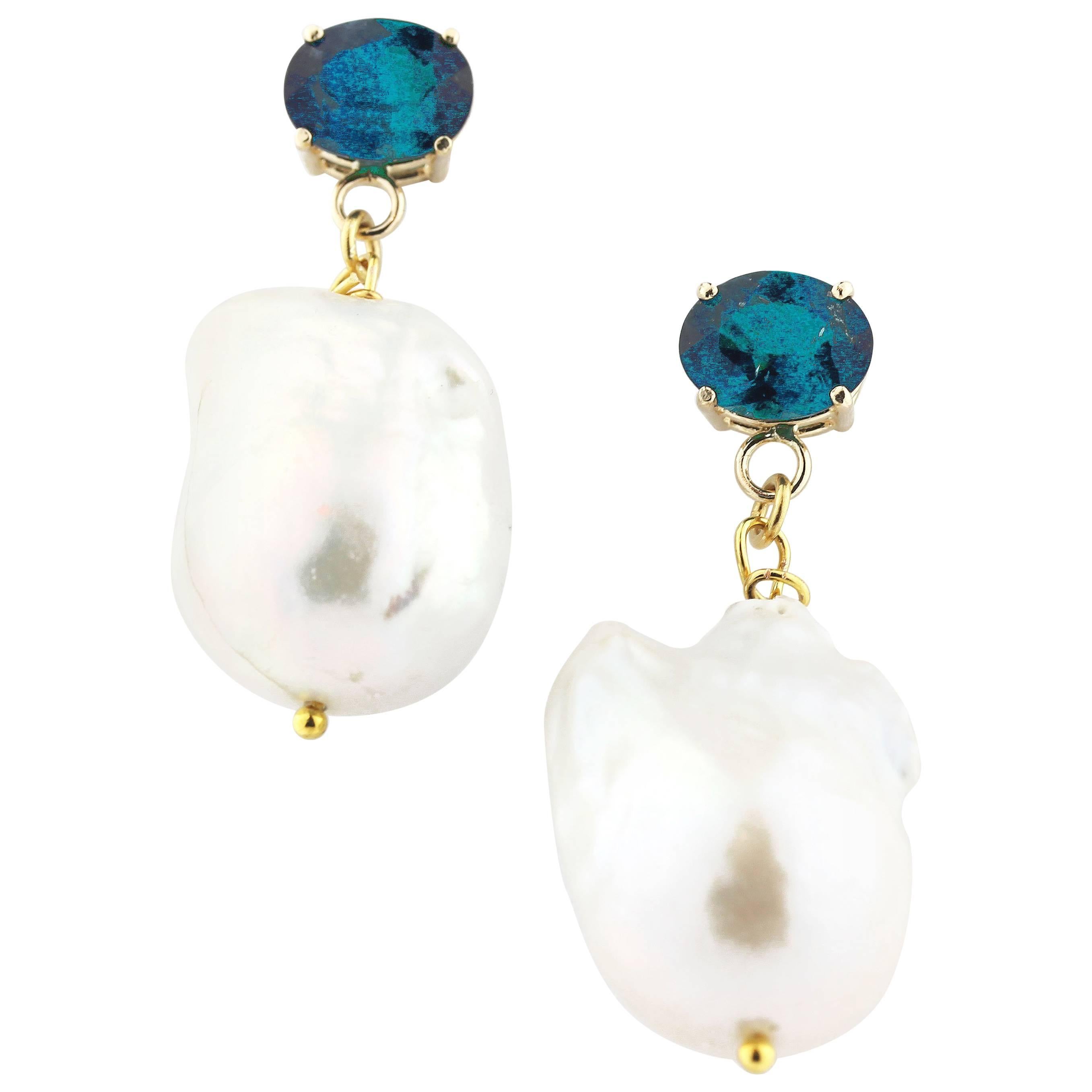 AJD WOW! 5Ct Glittery Blue-Green Tourmalines & Baroque Pearl 14 Kt Gold Earrings
