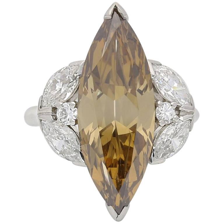 6.26 Carat Fancy Colored Marquise Diamond Ring with Diamond-Set Shoulders