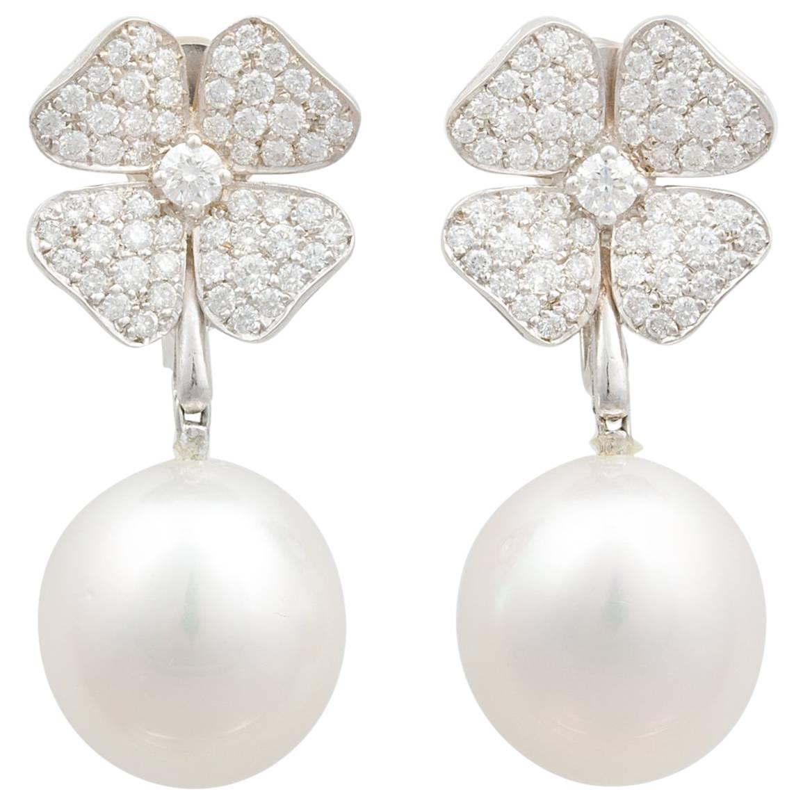 Ella Gafter 16mm South Sea Pearl Diamond Flower Earrings For Sale