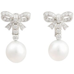 Ella Gafter White South Sea Pearl Diamond Bow Dangle Drop Clip-on Earrings