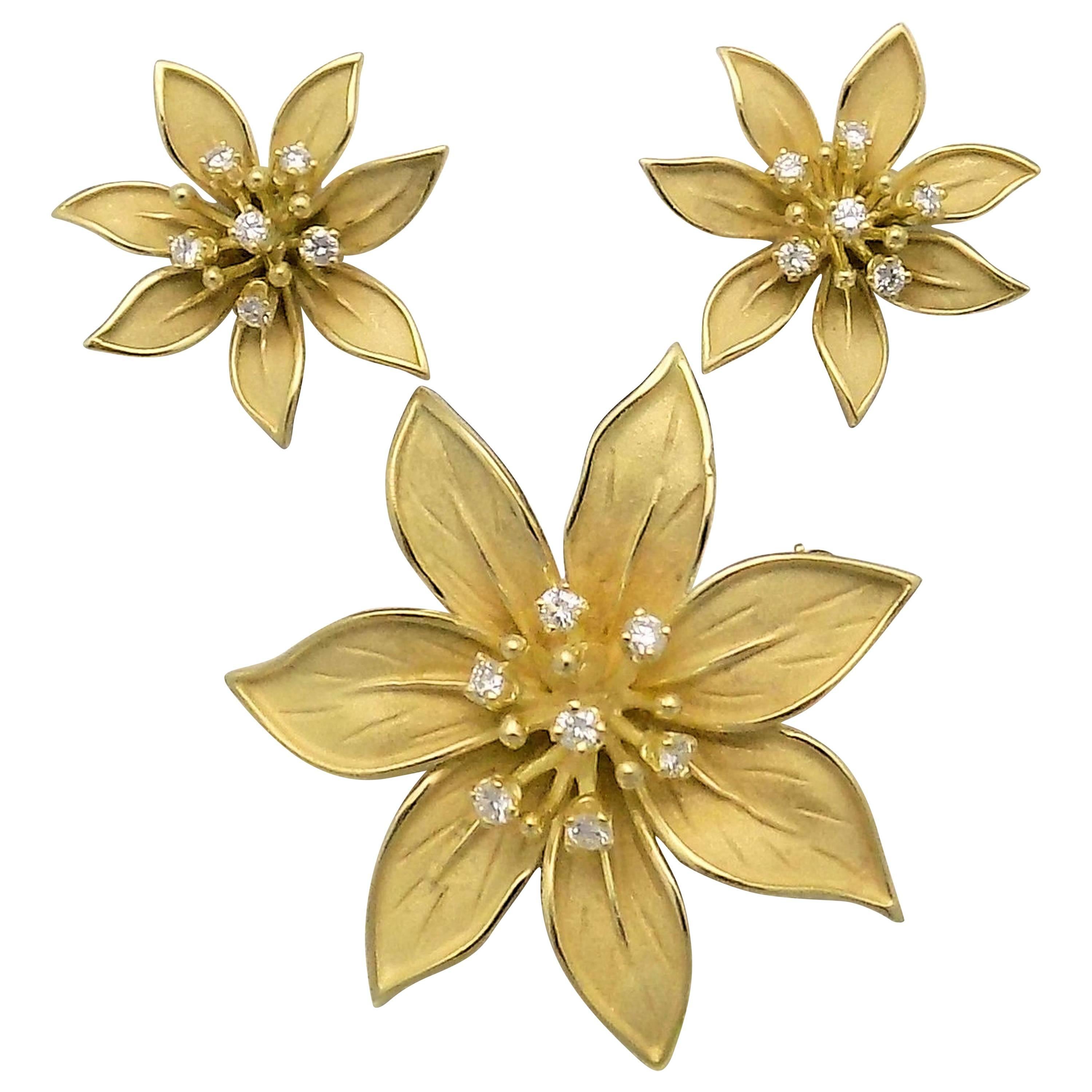 Flower Brooch and Earring Set in 18 Karat Yellow Gold and Diamonds