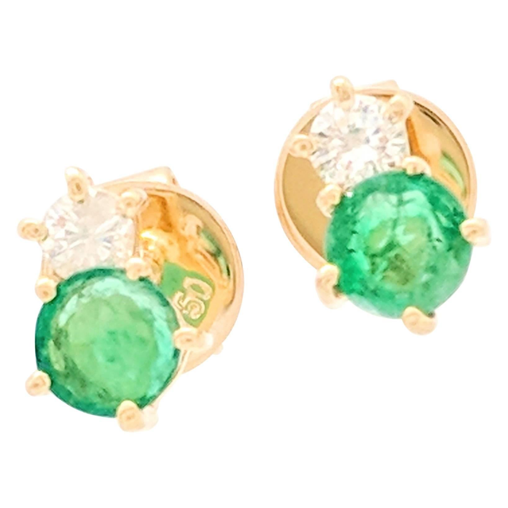 18 Karat Yellow Gold Emerald and Diamond Stud Earrings