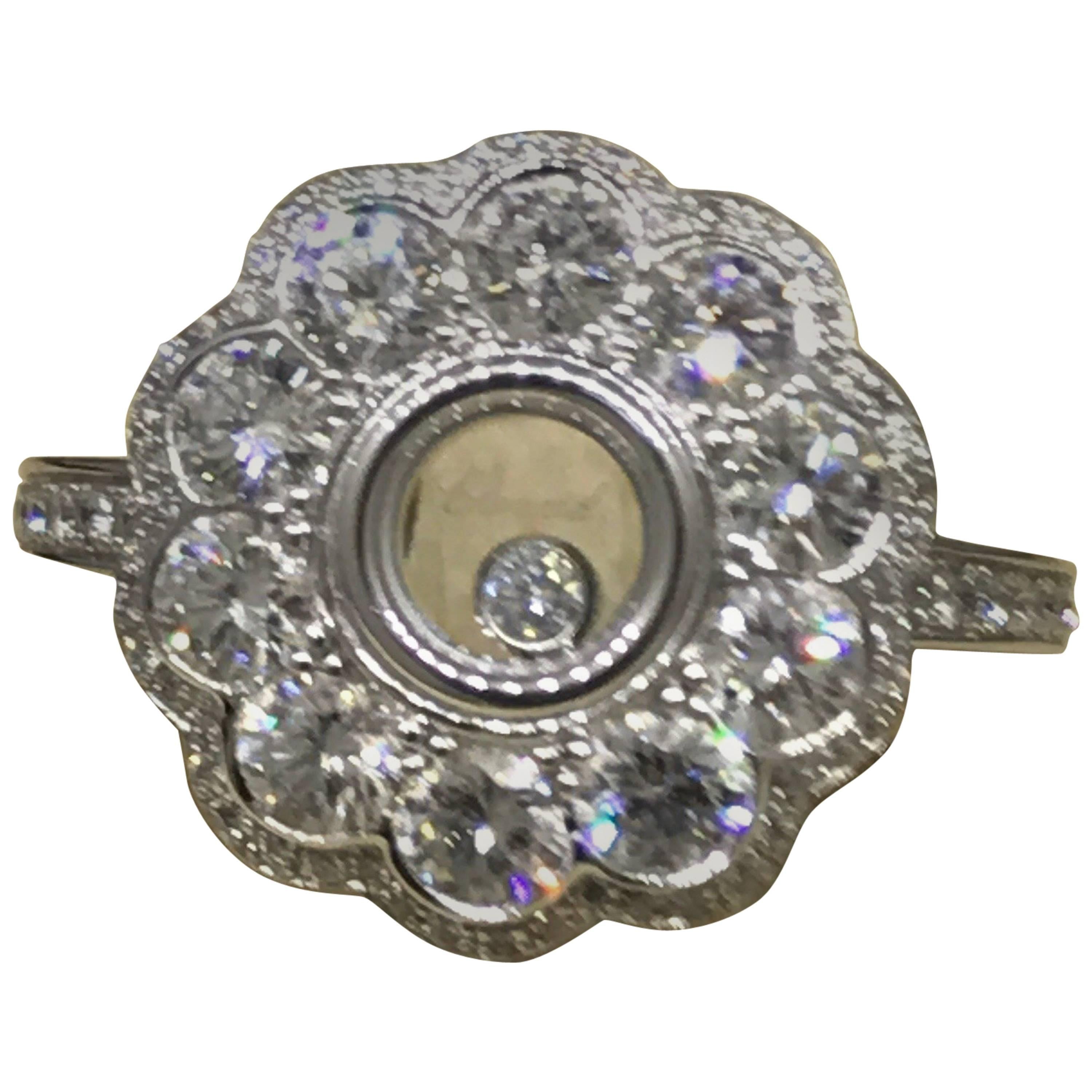 Chopard Happy Diamonds 18 Karat White Gold Pave Diamond Flower Ring 826569 For Sale