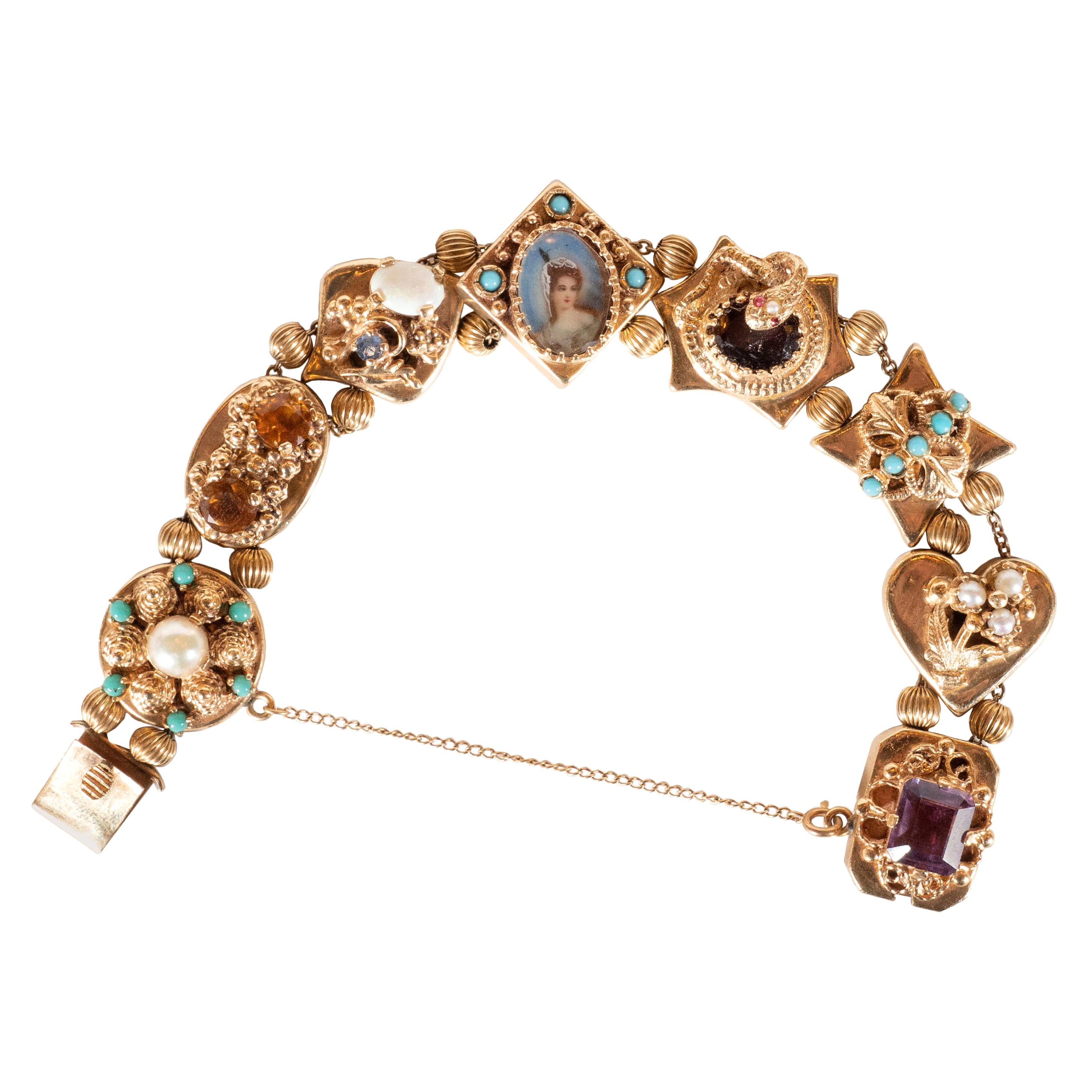 1940s Gold Slide Bracelet with Citrine, Sapphire, Rubies, Garnets and Pearls