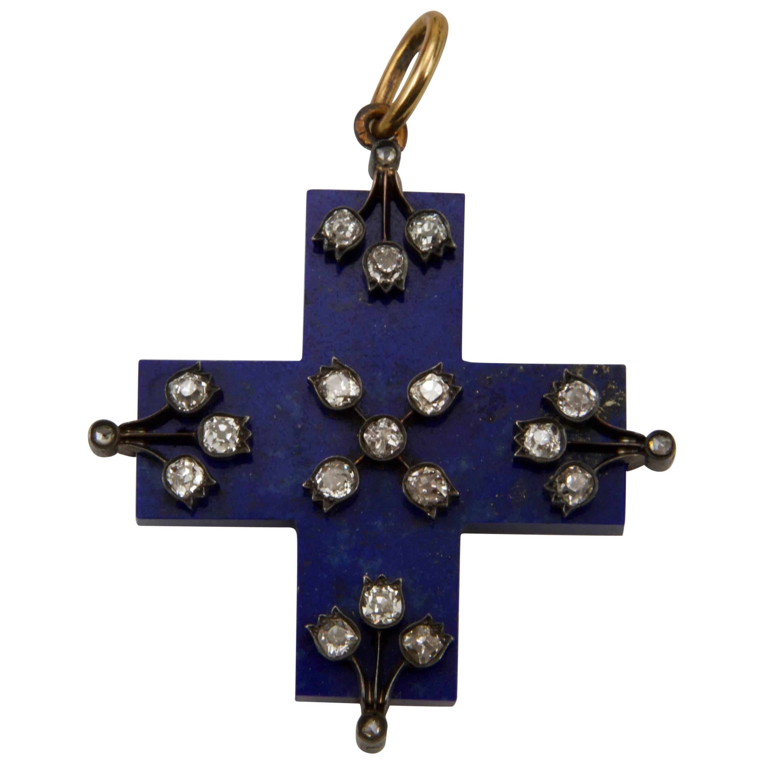 19th Century Lapis-Lazuli and Diamond Cross For Sale