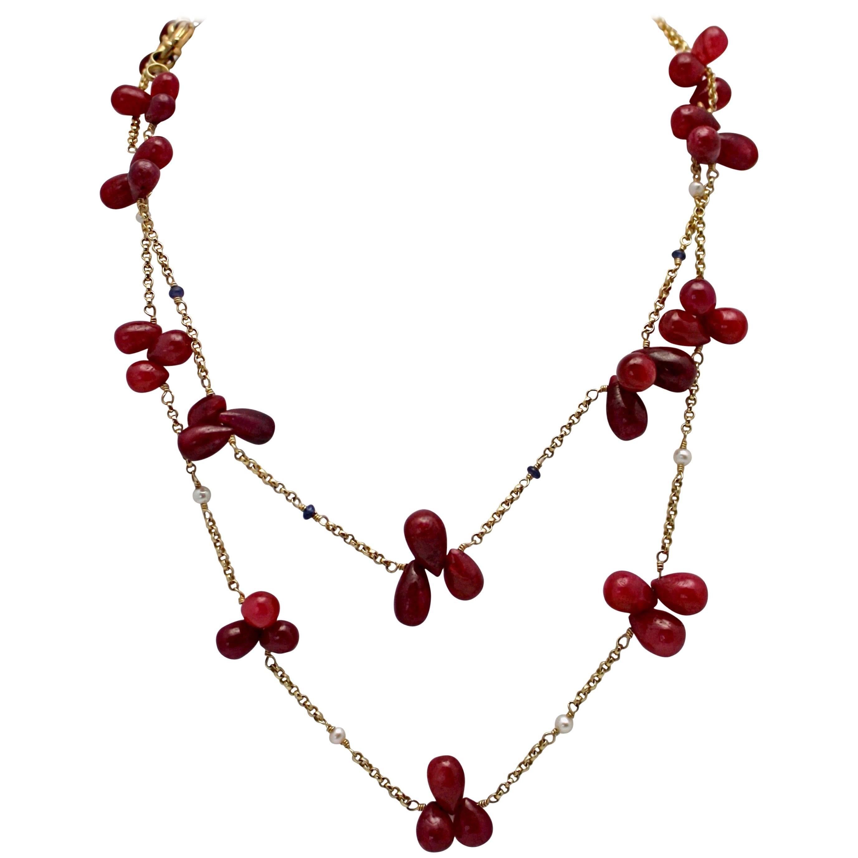 Ruby Bead Drop Necklaces Seed Pearls Sapphire Doubled 14 Karat For Sale