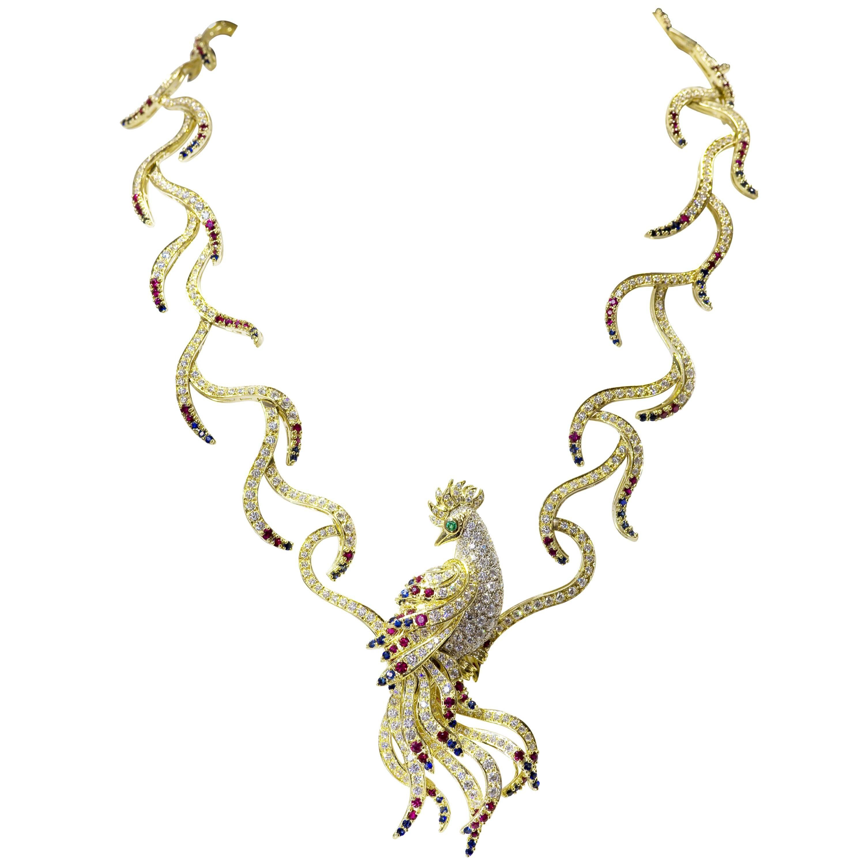 The Bird of Paradise Necklace - Diamond, Ruby, Emerald and Sapphire Necklace For Sale